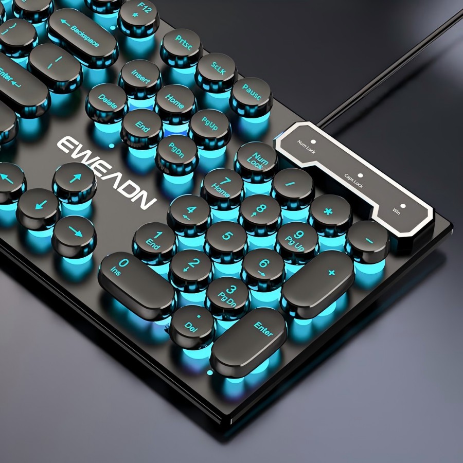 Gaming Accessories Keyboards - EWEADN Schreibmaschinen-Gaming-Tastatur, 104-Tasten, runde Retro-Punk-Tastenkappen, blaue